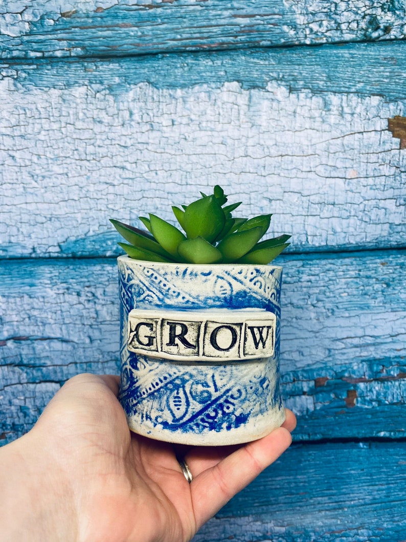 Handmade Blue Succulent Plant Pot, Little Textured Cactus Grow Pot Handmade. Cactus Plant. Indoor Ideas Gift for Gardeners 