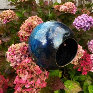 Large Ceramic Bird Feeder, Handmade Garden Orb, Home Gardening Ideas Garden Sculpture Copper Glaze Blue and Bronze Hanging Bird Feeder image 6