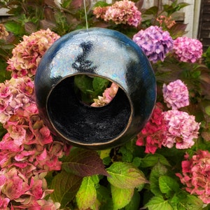Large Ceramic Bird Feeder, Handmade Garden Orb, Home Gardening Ideas Garden Sculpture Copper Glaze Blue and Bronze Hanging Bird Feeder image 1
