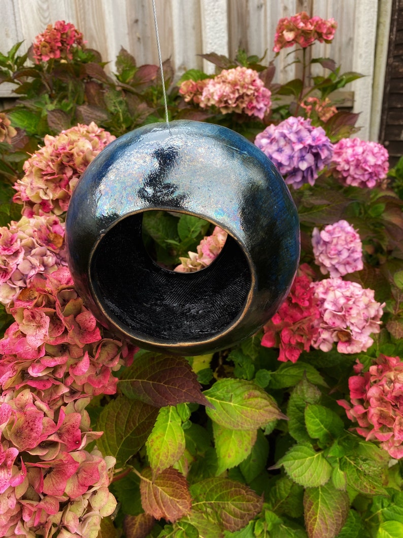 Large Ceramic Bird Feeder, Handmade Garden Orb, Home Gardening Ideas Garden Sculpture Copper Glaze Blue and Bronze Hanging Bird Feeder image 1