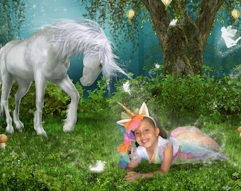 Avargue Custom Unicorn Portrait, Child Fairytale Photos, Photo Keepsakes, PhoArtFusion, Unicorn, Photo Composite, Unicorn Meadow