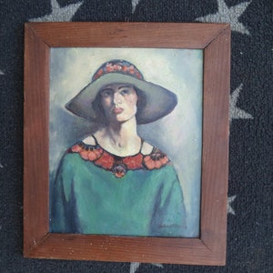 pintura al óleo/retrato de una bella dama con un sombrero de flores/óleo sobre cartón/pintura antigua