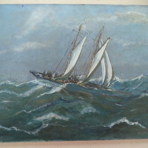 Stary obraz marynistyczny / Dwumasztowy szkuner na falach / Dekoracja morska