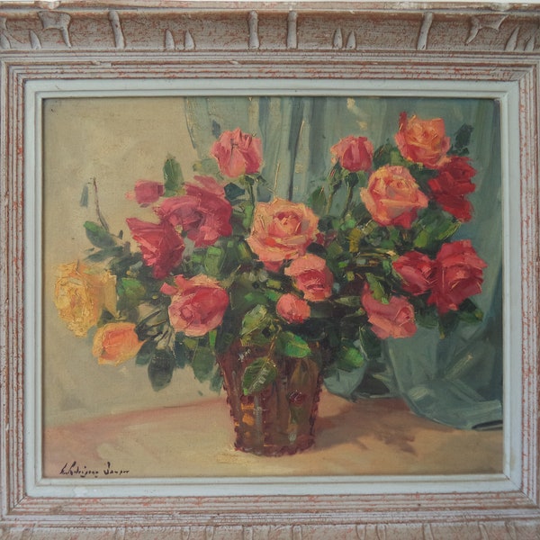 Ancien tableau/bouquet de roses/cadre bois sculpté patiné gris/signé/old French painting