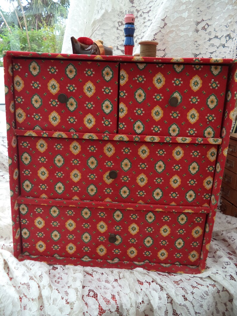 Vintage Large Sewing Box 4 Drawers Cardboard Covered Red Etsy