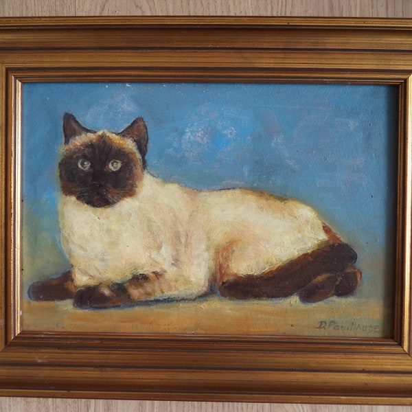 Peinture vintage/ portrait de chat Siamois /chat allongé