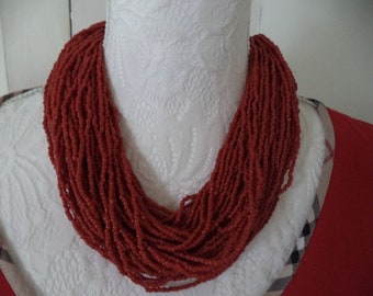 stunning multi row coral red seed bead necklace/boho style seed bead choker