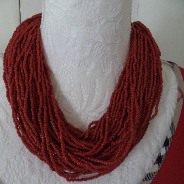 superbe collier multi rangs perles de rocaille rouge corail/tour de cou perles de rocaille boho style