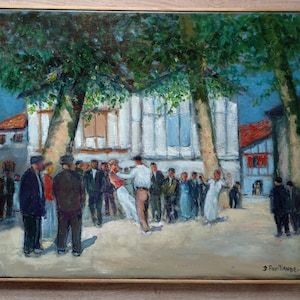Dipinto vintage dei Paesi Baschi / fandango sulla piazza del paese / firmato / vita rurale Paesi Baschi