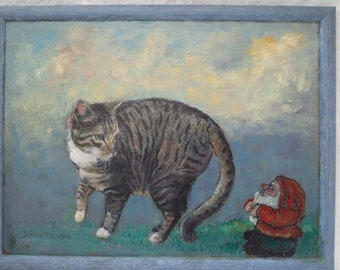 Vintage peinture sur panneau/le chat et le nain de jardin/encadré signé/la vie animalière