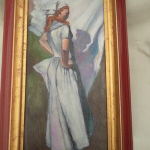 Vintage peinture /la belle lavandière/peinture sur carton/encadré