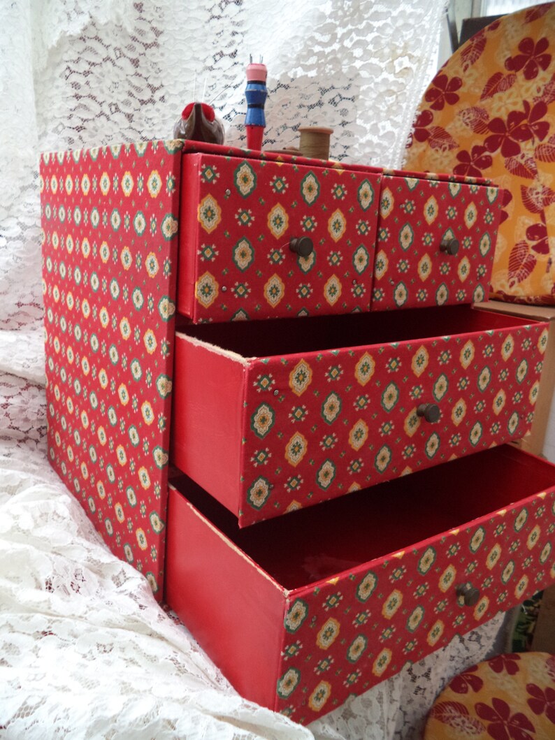 Vintage Large Sewing Box 4 Drawers Cardboard Covered Red Etsy