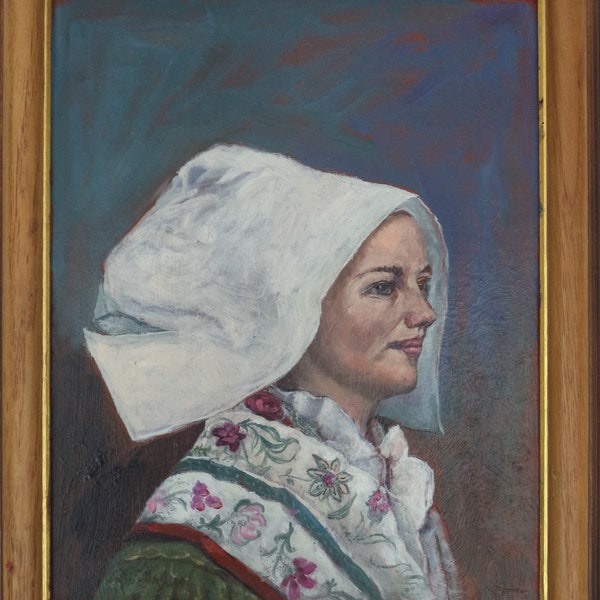 Vintage portrait Bretonne en coiffe et fichu brodé/peinture jeune femme en habits traditionnels de Bretagne