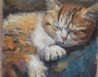 animal painting /sleeping ginger kitten /serene painting