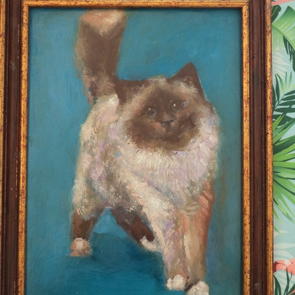 portrait chat Birman/peinture animalière/vintage huile sur isorel