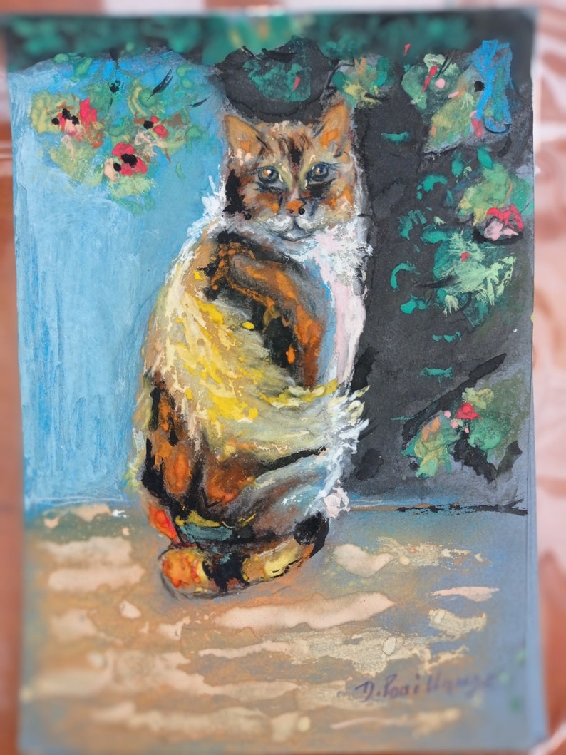 Peinture animalière portrait de char/ le chat jaune/ mixmedia sur papier image 4