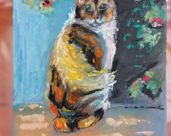 Peinture animalière portrait de char/ le chat jaune/ mixmedia sur papier