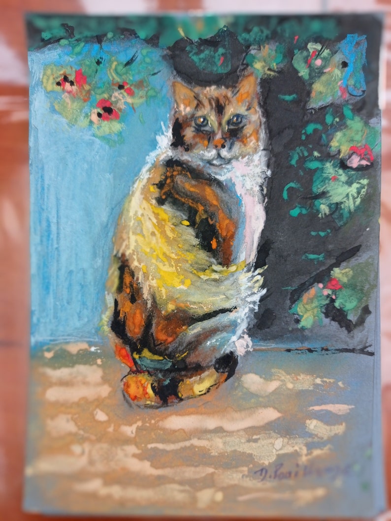 Peinture animalière portrait de char/ le chat jaune/ mixmedia sur papier image 1