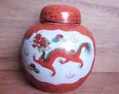 Chinese Zhongguo Jingdezhen Ginger Jar Featuring Dragon Phoenix Vintage Hand Painted Porcelain