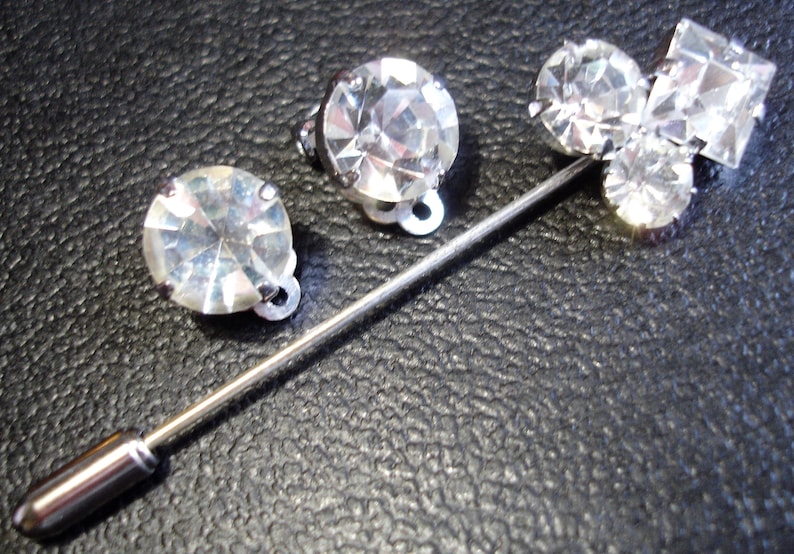 Diamante Pin and Earring Set Clear Rhinestone Stick Pin And Clip On Earrings Bridal Jewellery
