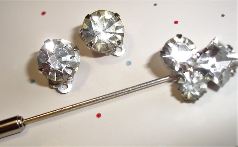 Diamante Pin and Earring Set Clear Rhinestone Stick Pin And Clip On Earrings Bridal Jewellery