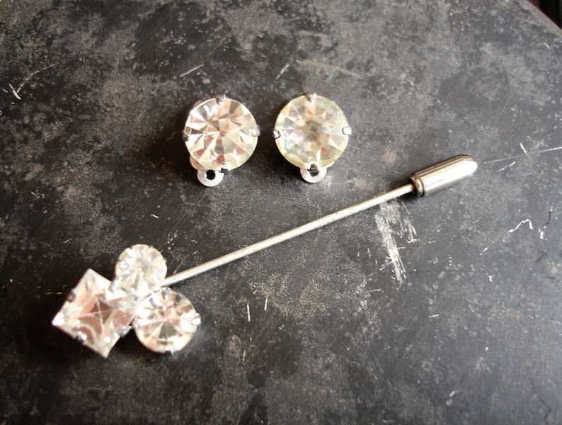 Diamante Pin and Earring Set Clear Rhinestone Stick Pin And Clip On Earrings Bridal Jewellery