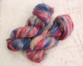 Variegated DK Weight Fuzzy Yarn (69/24/7 Alpaca/Nylon/Merino) Hand Dyed in pinks, blues, and tan - 50 g