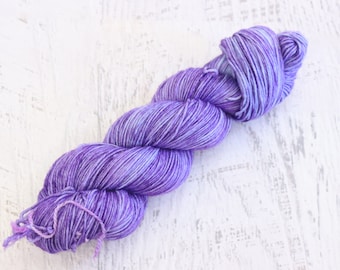 Glazed Fingering Weight Sock Yarn (75/25 Superwash Merino/ Nylon) - Hand dyed in purple over pale blue - 100 g