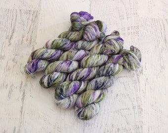 Variegated & Speckled Fingering Weight Sock Yarn (75/25 Superwash Merino/ Nylon; 3 ply) hand dyed in purples and greens - 100 g