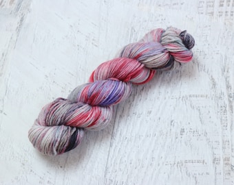 Yarn Mop DK Weight Yarn (100% Superwash Merino) Hand Dyed in a Gray, Purples, and Reds - 100 g