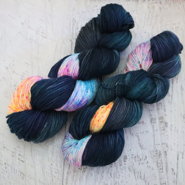 Sparkler Variegated Fingering Weight Sock Yarn (75/25 Superwash Merino/ Nylon) Hand Dyed with bright speckles and deep blues/greens - 100 g