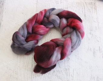 Hand Dyed Roving (100% Peruvian Highland Wool) Hand Dyed in Burgandy, Pinks, and Grays  - 100 g