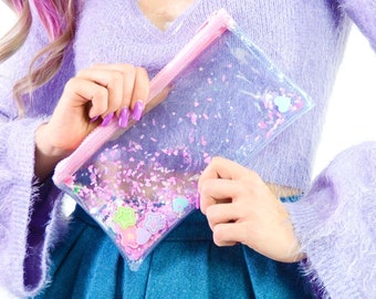 Liquid Glitter Pencil Case - Sweet Like Sugar - Vinyl Pencil Case - Cute School Supply - Star Bag - Heart Bag - Jelly Bag - Stationary