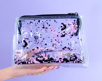 Liquid Glitter Makeup Bag - Haunted Hearts - Cosmetic Bag - Quicksand Bag, Spooky Purse - Clear Bag - Jelly Bag - Makeup Bag - Goth Purse