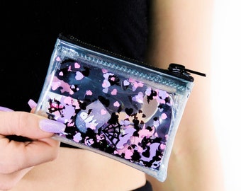 Liquid glitter Coin Purse - Haunted Hearts - pastel goth- Jelly Wallet - Sparkle Wallet - Halloween Bag - Sensory Item - Plastic Wallet