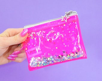 Liquid Glitter Coin Purse - Disco Doll - Jelly Wallet - Pink Purse - Holographic Wallet - Vegan Leather Wallet - Neon Zip Bag - Glitter