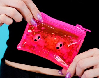 Monedero con purpurina - Ataque a Marte - Rosa - Cartera luminosa - Cartera de gelatina - Bolsa con cremallera - Cartera alienígena - Cartera de vinilo - Cartera divertida - Neón