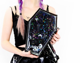 Liquid Glitter Coffin 2 in 1 Backpack/ Crossbody Bag - Living Dead Girl - Vinyl - Halloween - Spooky - Gothic Purse - RIP - Coffin - Bat