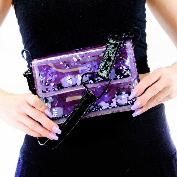 Mini Purse Liquid Glitter - Graveyard Cutie - pastel goth - Black - purple-  Bats - Hearts- Goth Purse - Alternative Fashion - Jelly Purse