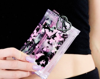 Liquid Glitter Tiny Wallet - Sweetly Spooky - pastel goth - Clear Wallet - Plastic Wallet - Bat Wallet - Heart Wallet - Pastel Wallet