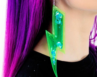 Liquid Glitter Lightning Bolt Earrings. Out of this World - Neon Earrings - Glitter Earrings - Festival Earrings - Large Earrings - Green