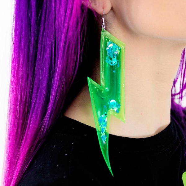 Liquid Glitter Lightning Bolt Earrings. Out of this World - Neon Earrings - Glitter Earrings - Festival Earrings - Large Earrings - Green