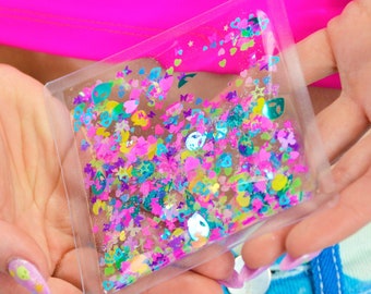 Glitter Goo Sparkle Quadrat - PLUR - Rave Accessoire - Im Dunkeln leuchten - Sensorisches Objekt - Fidget Spielzeug - Glitzer Spielzeug - Squish Spielzeug - Vinyl