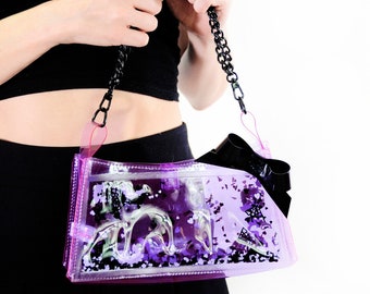 Liquid Glitter Mini Purse - Graveyard Cutie - pastel goth - purple - Halloween - Spooky - Gothic Purse - Bows - Bats - Jelly Purse - Emo