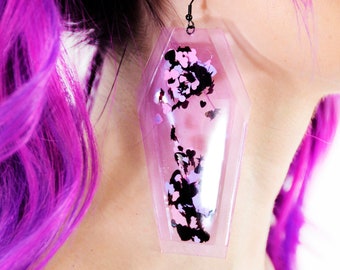 Liquid Glitter Earrings - Haunted Hearts- Pastel Goth Earrings - Coffin Earrings - Purple Earrings - Bats - Plastic - Spooky - Hearts