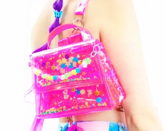 Liquid Glitter Doll Backpack - Kandi Girl - Mini Backpack - Heart Purse - Festival Bag - Rave Bag - Rainbow Purse - Concert Bag - Pink Purse
