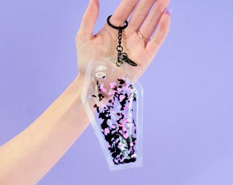 Liquid Glitter Coffin Keychain - Haunted Hearts - Pastel Goth - Sparkle Keychain - Spooky Keychain - Bat Keychain - Glitter