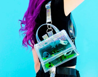 Liquid Glitter Doll Backpack - Out of this World - Alien Backpack - Festival Bag - Concert Backpack - Rave Bag - Jelly Purse - Holographic