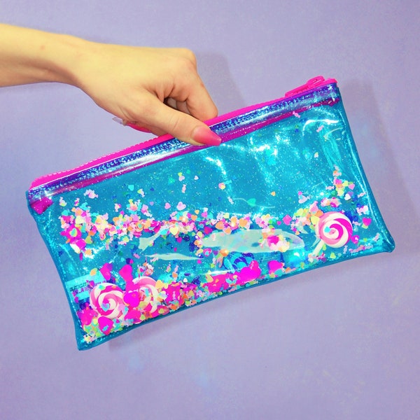 Liquid Glitter Pencil Case - Sugar High - Glitter Bag - Vinyl Pouch - Lollipop Bag - Jelly Bag - Colorful Zip Bag - Transparent Purse