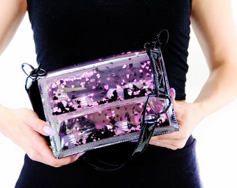 Mini Purse Liquid Glitter - Sweetly Spooky -  pastel goth - Black - Pink - Bats - Hearts- Goth Purse - Alternative Fashion - Clear purse